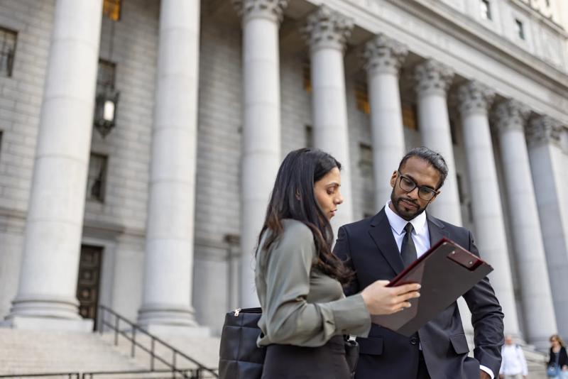 COLOUR-IMAGE_man-and-woman-looking-at-documents-in-front-of-government-building_feb26