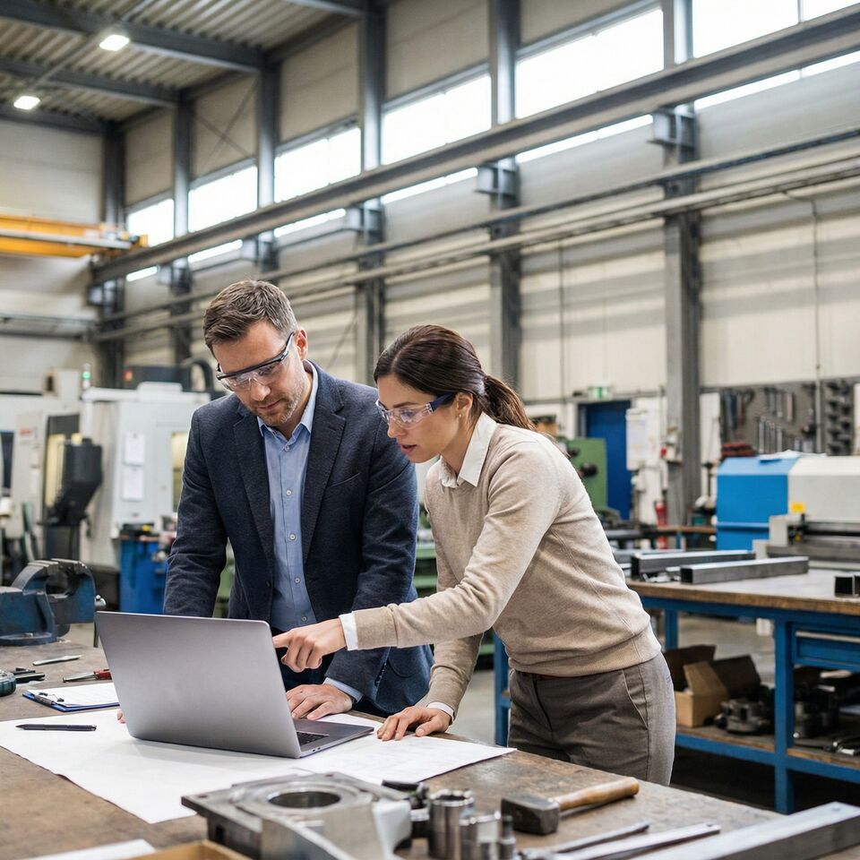 COLOUR-IMAGE_ehs-Two-business-people-using-a-laptop-in-a-factory_feb26